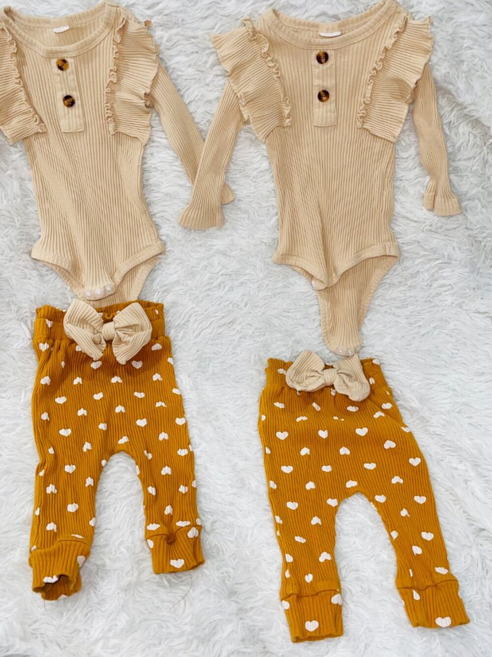 Twin Girl 0-3 Month Body Suit and Pants Tan Rust Orange Ruffles Bows Long Sleeve